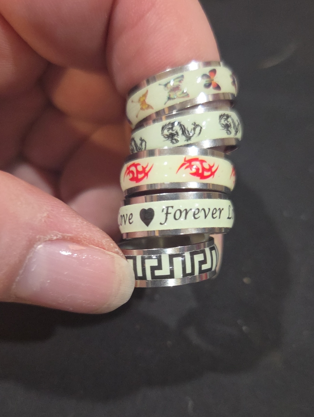SET OF 5 RINGS - GLOW IN THE DARK - STAINLESS STEEL